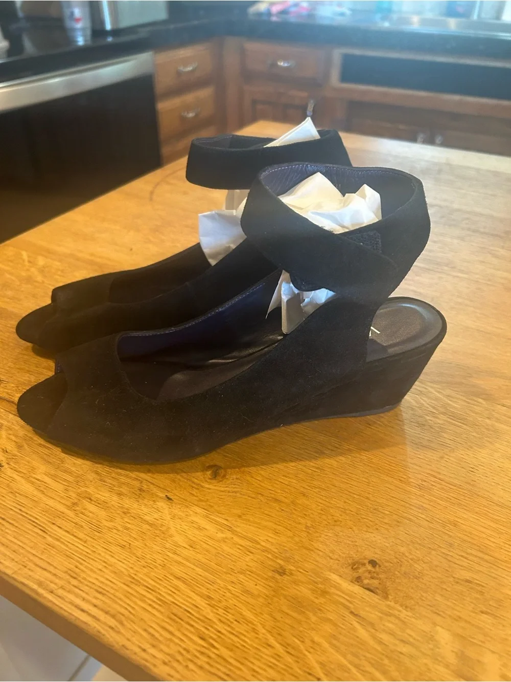 Vaneli Black Suede Peep-Toe Wedge Sandals with Ankle Strap